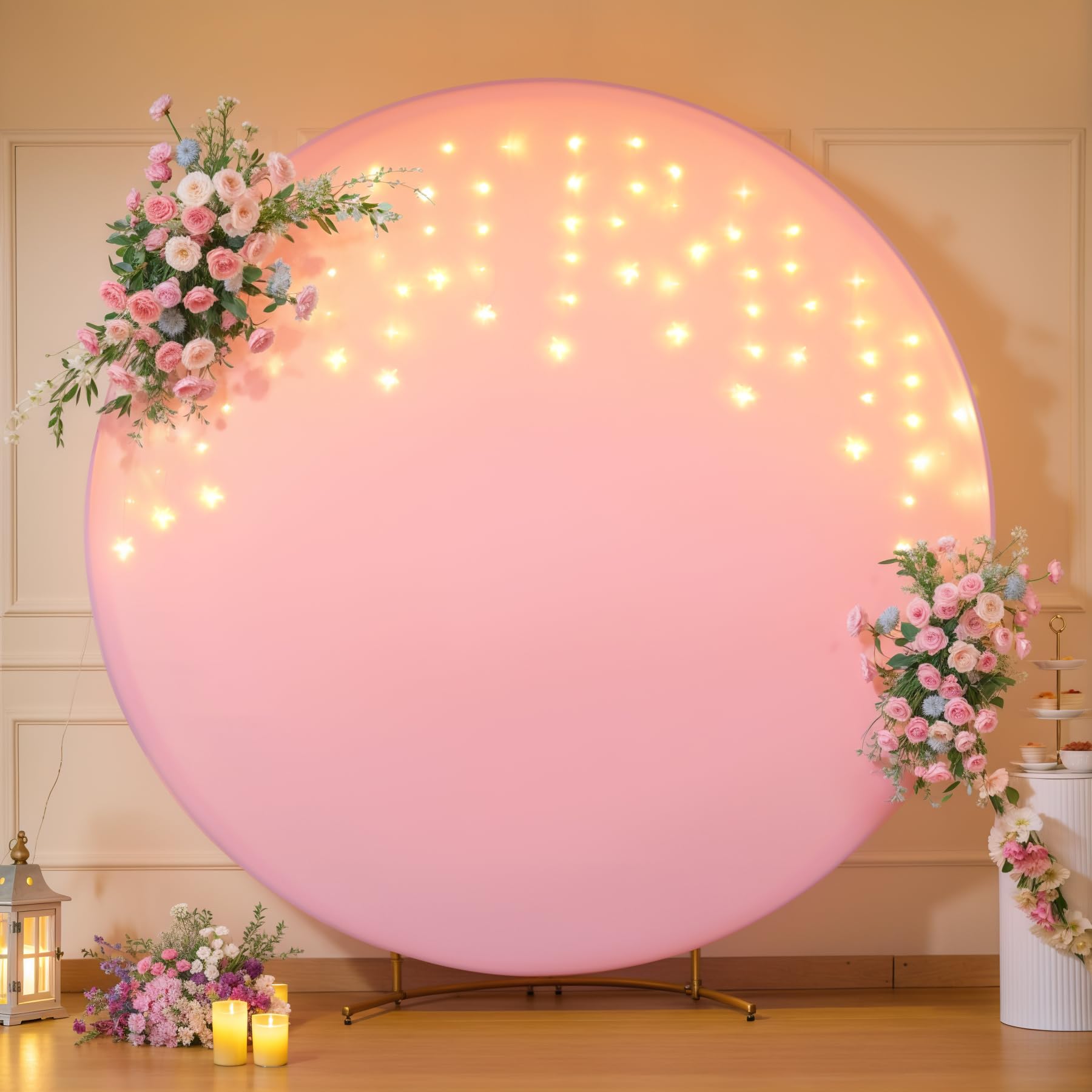 Photo 1 of 7.2 FT Pink Round Backdrop Cover with Lights String for Circle Arch Stand Circle Backdrop Covers with LED Fairy Lights for Wedding Baby Shower Girls Birthday Party Photo Shoot Photography Background