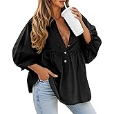 Tankaneo Womens Puff Sleeve Babydoll Tops V Neck Button Down Blouse Cute Casual Loose Fit Flowy Shirts