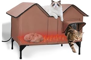 VILRAK Extra Large Heated Cat House for Outside in Winter, Elevated Heated Outdoor Cat House Weatherproof with Heating pad, Insulated Outdoor Cat Shelter for Multiple Cats Small Dogs (Brown)