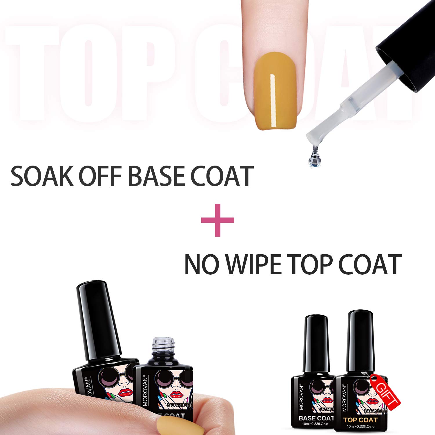 Morovan Gel Base And Top Coat Set - 4 Pcs UV LED Nail Polish Primer and No Wipe Top Coat Gel Nails Sets Quick Dry Long Lasting Clear Gels Manicure Care Kit Gifts for Women Nail Home : Beauty