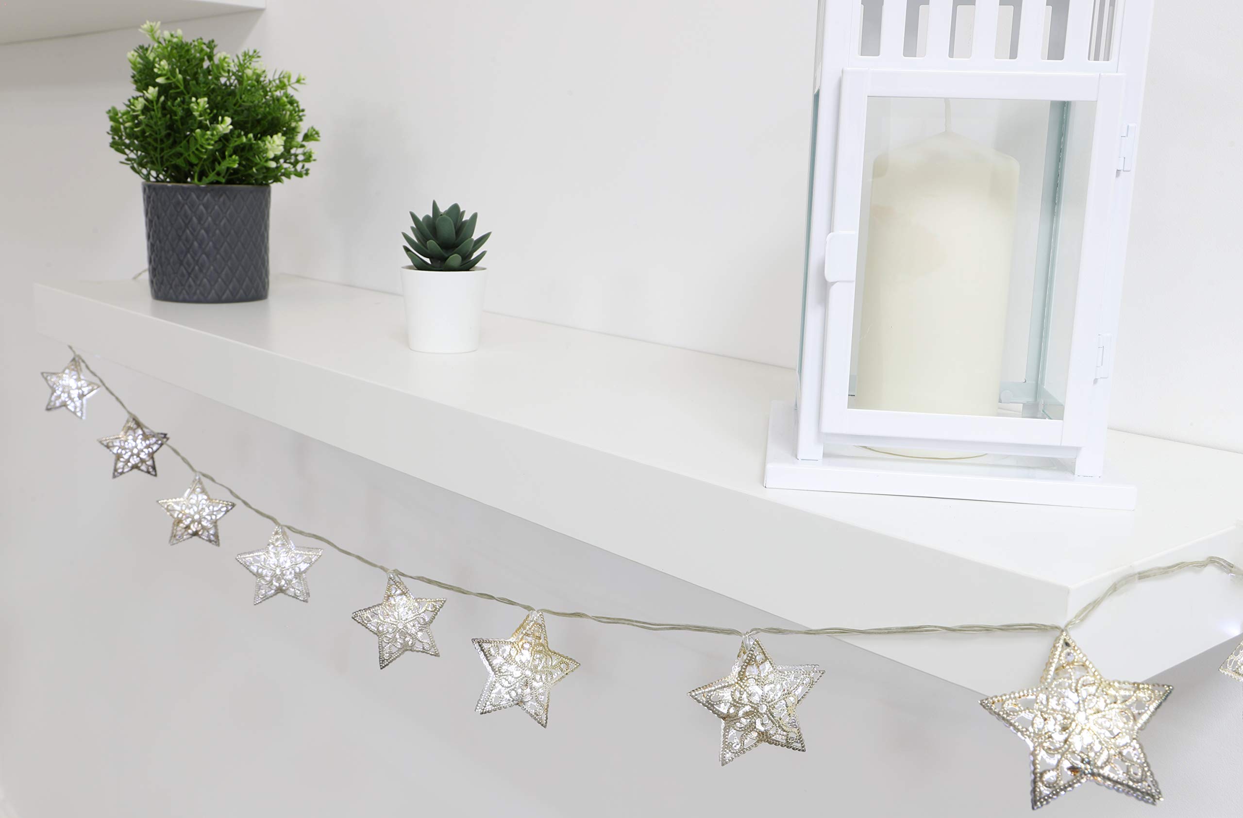 10 Metal Shaped Christmas Fairy Lights with Warm White LEDs - Fairy Lights - Bedroom Decorations - Christmas Decoration (Silver)