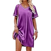 Ekouaer Satin Nightgowns for Women Silk Sleep Shirt Silky Loose Sleepwear V Neck Nightshirt Short Sleeve Pajamas