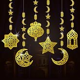 AhfuLife Eid Mubarak Hanging Decorations for Home, 6 Pcs Pre-Tied Hanging Golden Ramadan Star Moon Lantern Decor, Reusable Islamic Eid Streamer Decorations for Festival Party