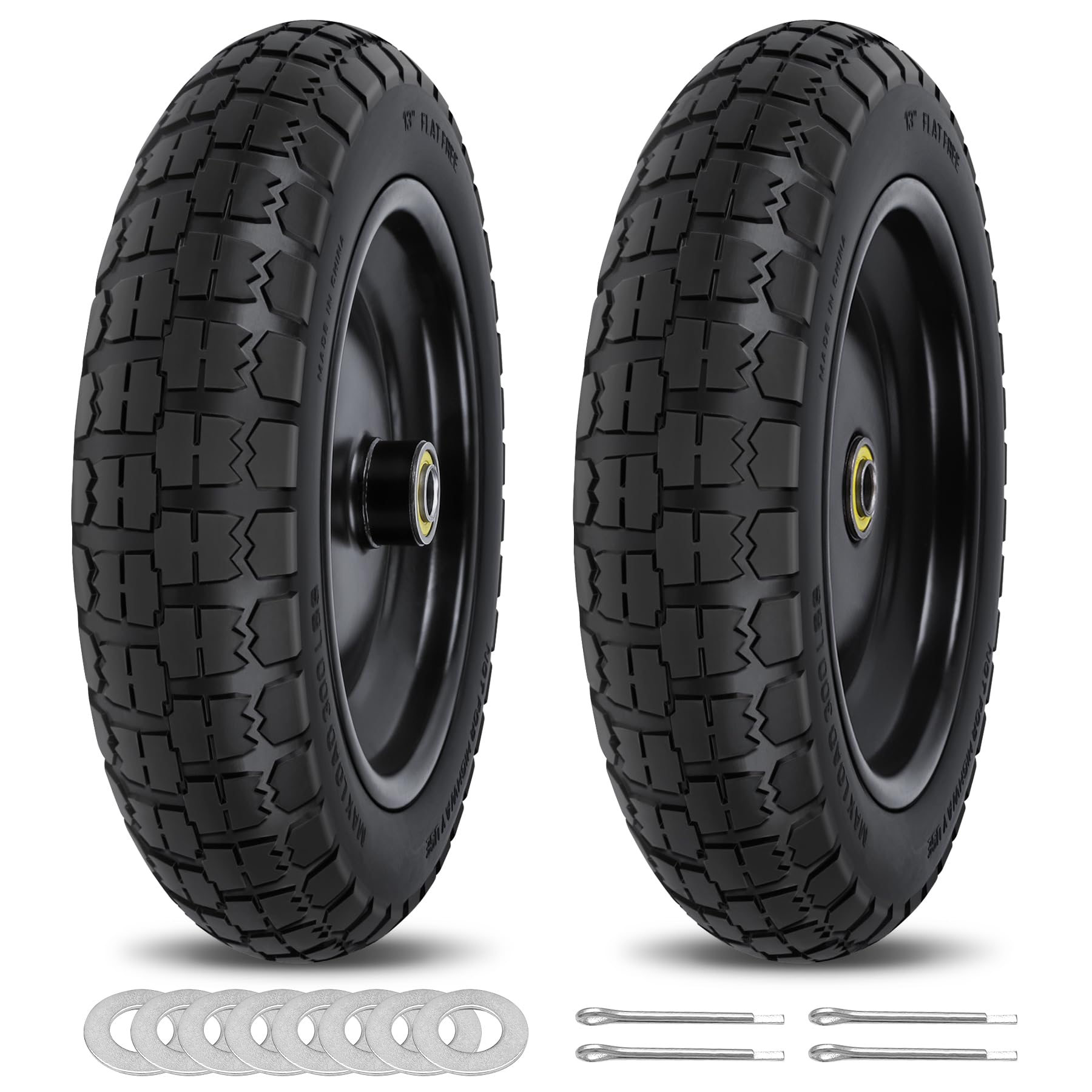 Photo 1 of phepetroll 13 Inch Flat Free Wheels Tires 4.00-6 Solid Replacement with Universal 5/8" Axle Bore Hole, 8 Spacers and 4 Pins, for Wheelbarrow, Garden Wagon, Hand Truck, Trolley, Lawn Mower, 2 Pack