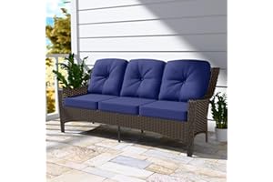 INTER HUT Stone Creek 3 Seater Outdoor Wicker Patio Sofa, Outdoor Furniture Loveseat Sofa w/Cushions, Outdoor Couch for Backyard, Deck, Porch, Brown/Blue