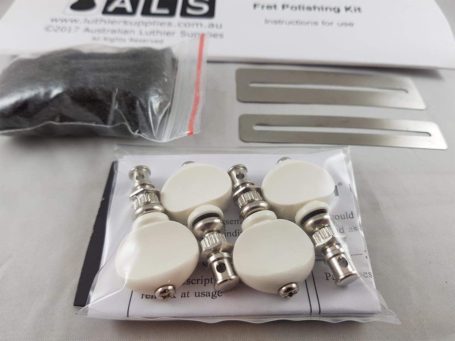 Gotoh Ukulele Tuners (Bonus ALS Fret Polishing Kit) UKB Model Tuners by Gotoh Japan Set of 4 Nickel with White Buttons - Fret Polishing Kit by Australian Luthier Supplies