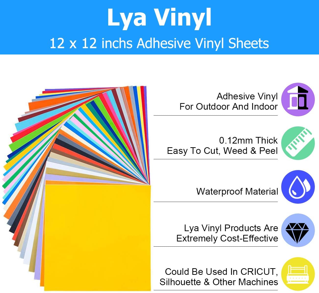 Lya Vinyl 72 Assorted Colors Permanent Adhesive Vinyl Sheets 12 x 12 inchs for Decor Sticker, Weeding Machine, Craft Cutter Machine, Printers, Letters, Car Decal, Vinyl Paper: Industrial & Scientific