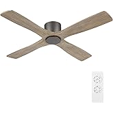 WINGBO 54 Inch Flush Mount DC Ceiling Fan without Lights, 4 Reversible Carved Wood Blades, 6-Speed Noiseless DC Motor, Hugger Ceiling Fan No Lights in Graphite Finish with Gray Blades, ETL Listed