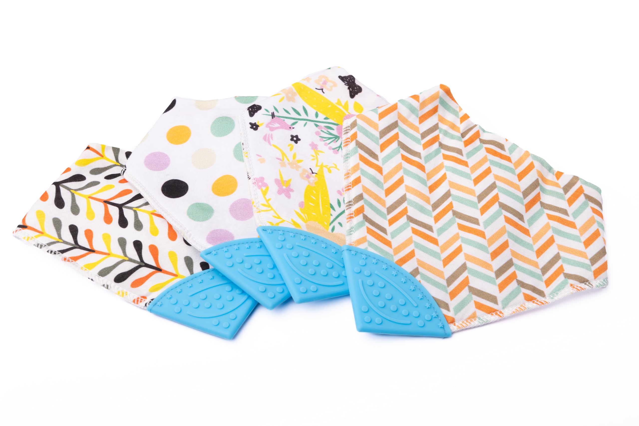 V&D HOME - Baby and Toddler Dribble Bib with Teether | 0-18 month Teething Bibs for Baby and Toddler | 100% BPA & Pthalate Free | Bandana bib with teether | 4 Pack (Colour and Blue)