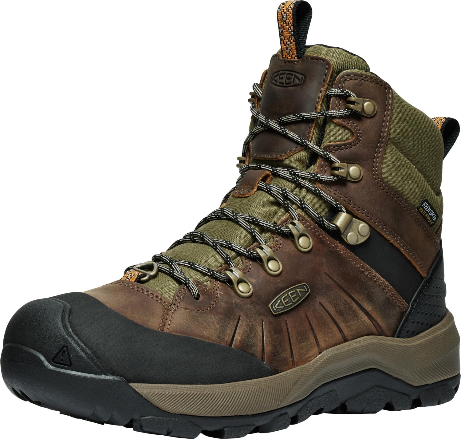 KEEN Men’s Revel 4 Mid Height Polar Insulated Waterproof Snow Boots, Bison/Orange Pepper, 12