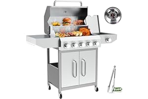 BESTFIRE 68,000 BTU 5+1 Burner Propane Grill - Stainless Steel BBQ with 647 sq in UPGRADED OIL-DRAIN Plates, Cast Iron Grates, Side Burner + FREE Food Clip for Outdoor Cooking
