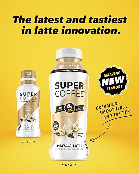 SUPER COFFEE, READY TO DRINK ICED COFFEE, VANILLA LATTE (12 OUNCE BOTTLES, PACK OF 12) – LOW NET CARBS, NO ADDED SUGAR, KETO FRIENDLY, 10G OF PROTEIN, LOW CALORIE, PROTEIN COFFEE