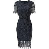 ALLANDWELL Women's Elegant Floral Lace Fixed V Neck Fluttering Short Sleeves Knee Length Dress