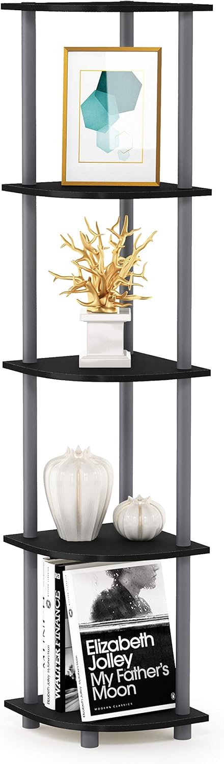 Furinno Turn-N-Tube 5 Tier Corner Shelf, Black/Grey: Furniture & Decor