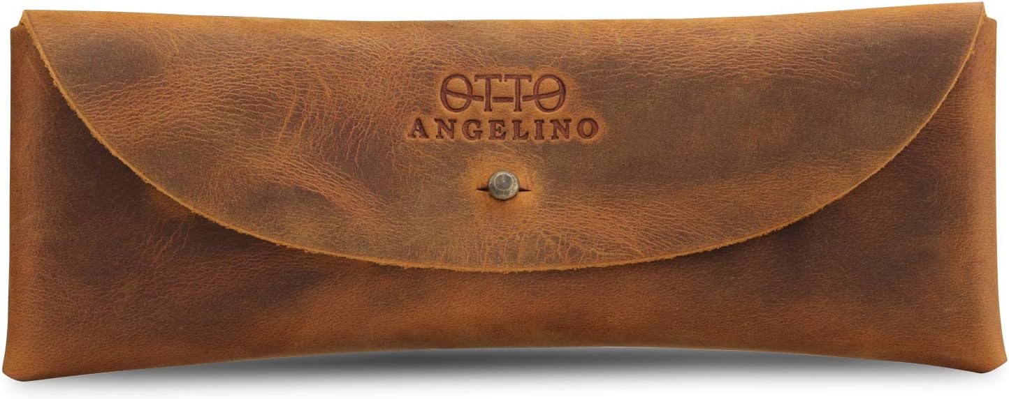 LONDO Genuine Leather Retro Pen and Pencil Case - Metal Snap Fastener, Pencil Pouch Stationery Bag, Camel