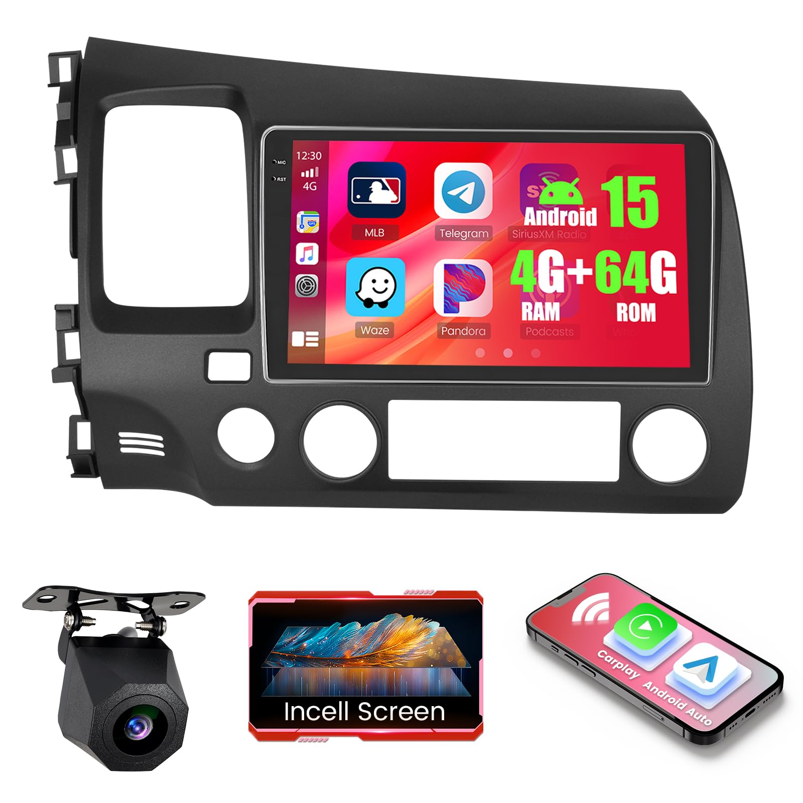 Photo 1 of *NOT FUCTIONAL; SELL FOR PARTS *4+64GB Android 15 Car Radio for Honda Civic 2006-2011 Wireless Carplay Android Auto, 9 Inches 1280 * 720P in-Cell Touch Screen with WiFi, Bluetooth5.0, GPS, FM/RDS, EQ + Backup Camera + Mic