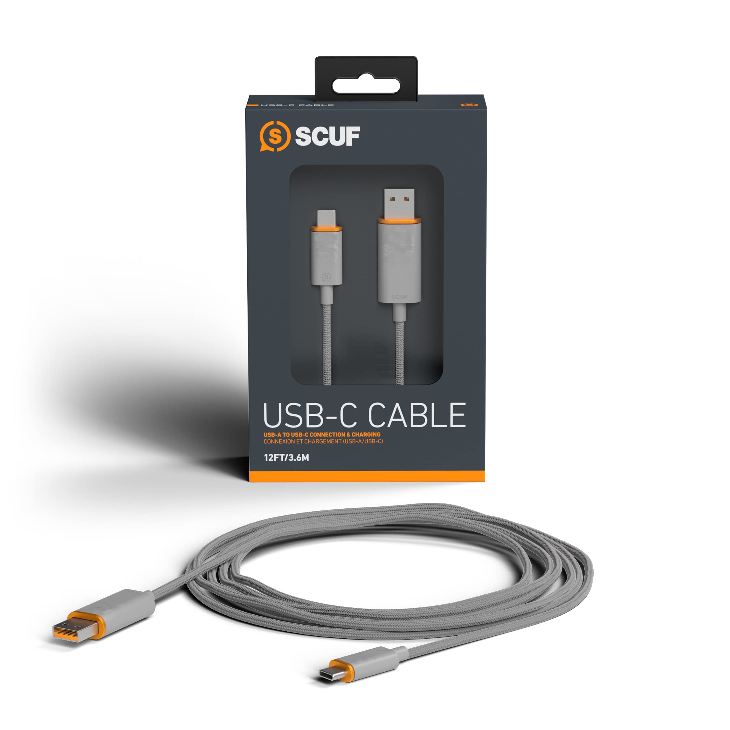 SCUF Braided USB-C Cable – 10 Feet / 3.6 Meters USB Type C Connection and Charging for Xbox Controllers, PS5 Controllers, and Smart Phones - Light Grey