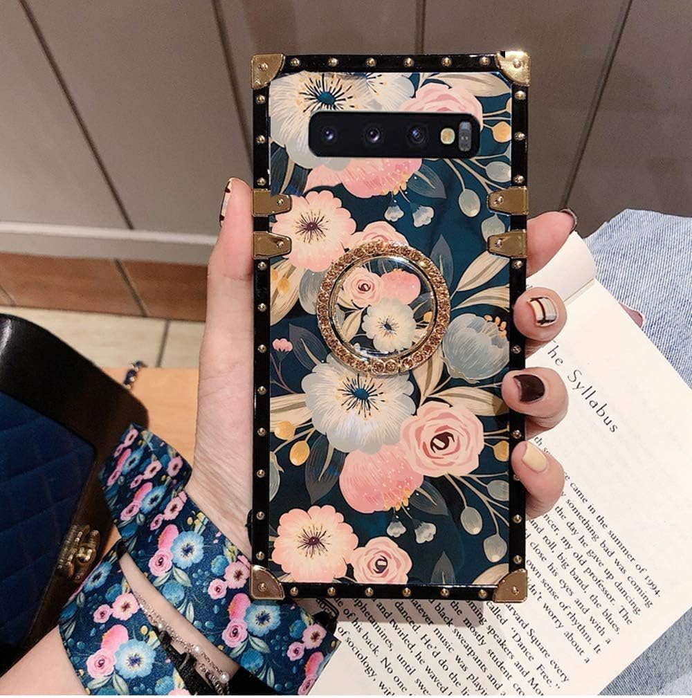 BABEMALL Compatible for Samsung Galaxy Note 10 Plus Case, Premium Retro Elegant Blu-ray Floral Pattern Metal Four Corner Protective Classic Strap Case with Holder - Flower Strap 1