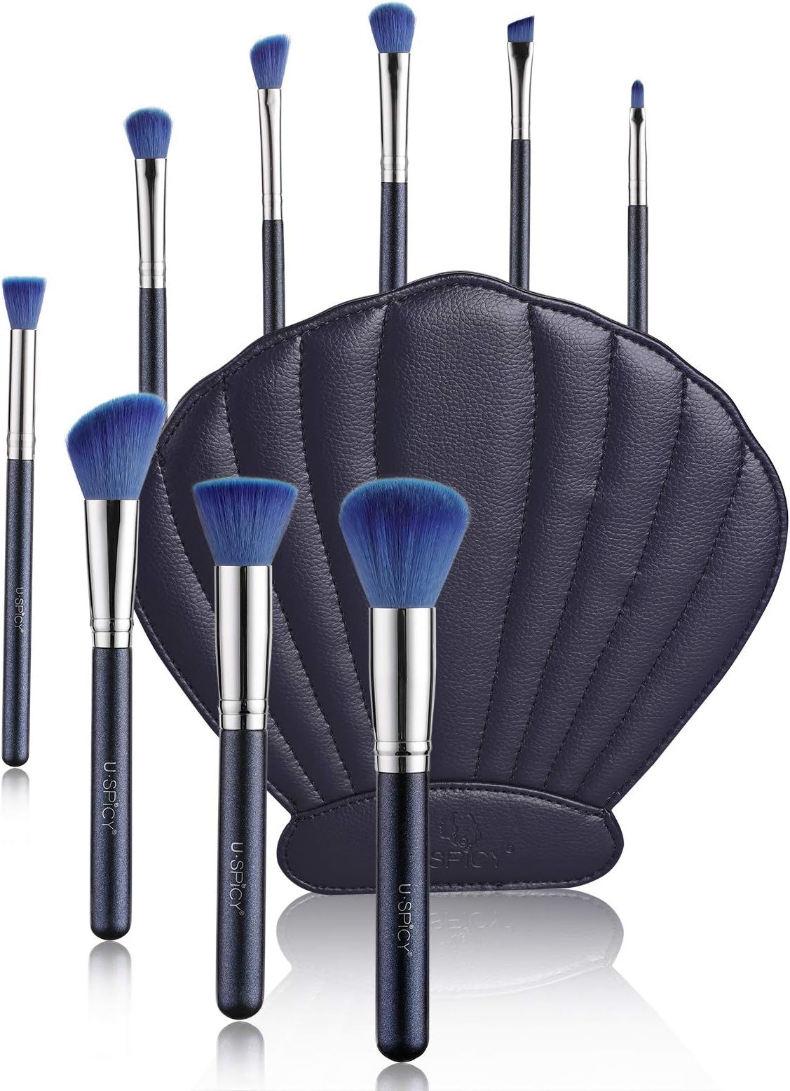 Makeup Brushes, USpicy 10 Pieces Professional Makeup Brush Set with Seashell Shaped PU Leather Case (Soft Synthetic Fiber for Uniform Application of Blush, Creams, Liquids, Contouring & Powders)-Blue