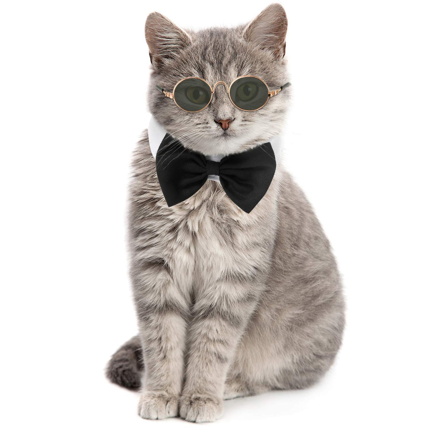 Photo 1 of 2 Pieces Pets Dog Cat Bowtie Tie Sunglasses Pets Costume Adjustable Formal Necktie Collar for Cats Small Dogs Puppy Round Metal Classic Retro Sunglasses Grooming Accessories Cosplay Party(Black White)
