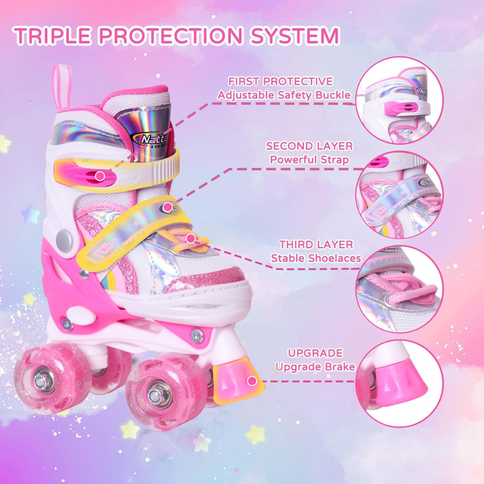 Nattork Girls Roller Skates for Kids, 4 Size Adjustable Rainbow Quad Skates with All Light Up Wheels - Best Birthday Gift for Outdoor Sports