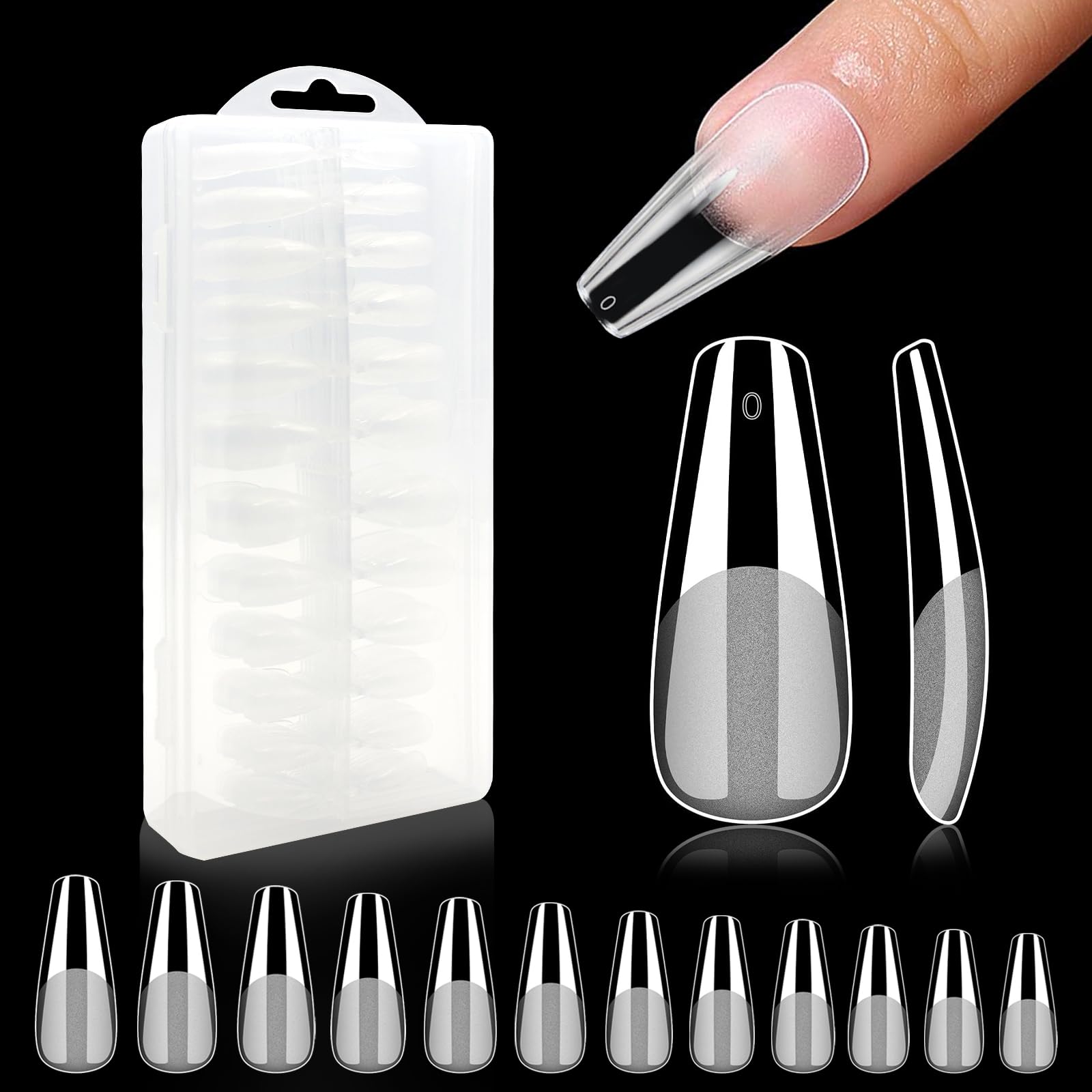 240Pcs Nail Tips, Half Matte Full Cover Gel Tips, 12 Sizes No File Required with Box, False Nails for Acrylic Press-On Extensions (Long Coffin, 1 ml (Pack of 1))