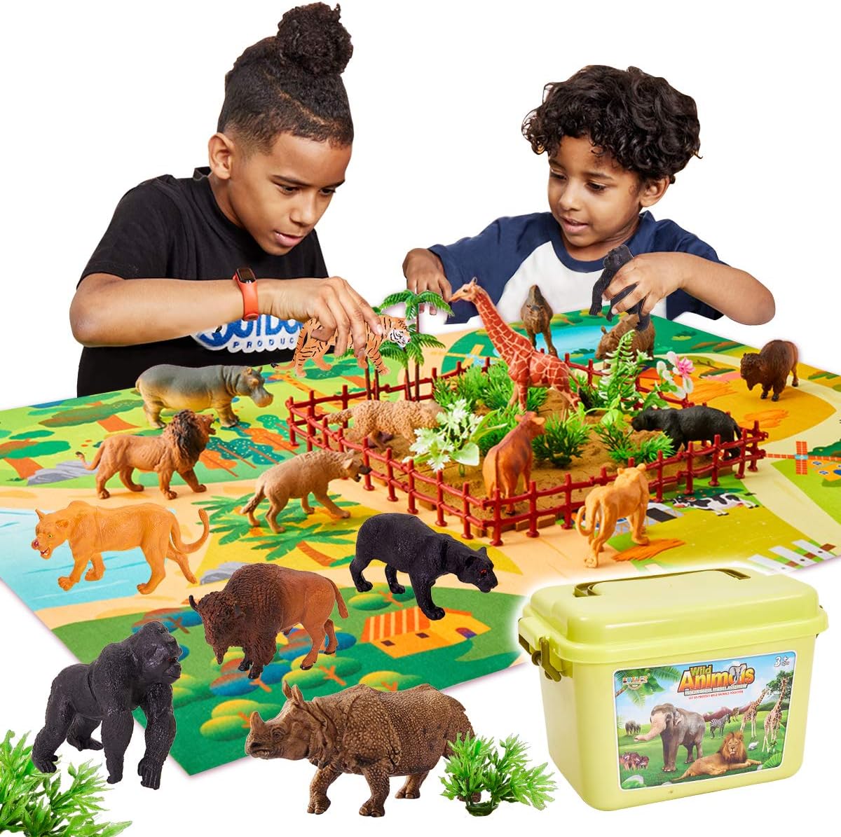 Buyger 58 Piezas Juguetes de Animales con Alfombra de Juego Figura Salvajes Jungla Tigre Jirafa León Juguetes Educativos Cumpleaños para Niños Niña