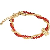 Belle Brighton Red Agate Bohemian Vintage Charm Chain Bracelet 18k Gold Plated Beaded Stackable Link Bracelet with Dainty Knot Double Layer Bracelet 6.3-7.5" Trendy Gift for Girlfriend Mother