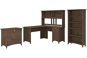 BUSH HOME Bush Furniture Salinas L Shaped Desk with Hutch, File Cabinet and 5 Shelf Bookcase | 3 Piece Living Room Furniture Set in Ash Brown | L Shaped Corner Desk with Storage