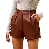 XinYangNi Women's Faux Leather PU Leather Elastic High Wasited Pleated Wide Leg Dressy Shorts