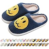AIMINUO Women's Men's Retro Preppy Happy Face Slippers Comfy Warm Plush Slip-On House Slipper for Winter Indoor Soft Cushion Non-slip Fluffy Slides Slippers