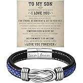 To My Son Bracelet From Mom, Infinity Knot Love You Forever Linked Together Stainless Steel Handmade Leather Cuff Mens Birthday Weave Gift Jewelry