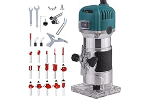 AKYPACH Compact Wood Router, Wood Trimmer Palm Router Tool with 6 Variable Speed 15 pieces 1/4" Router Bits Set, 33000R/MIN