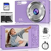 Digital Camera, FHD 4K 44MP Digital Camera, 16X Digital Zoom, Digital Point and Shoot Camera with 3-LED Fill Lights, 64GB SD Card, Compact Camera for Kids Teen Boys Girls, Purple