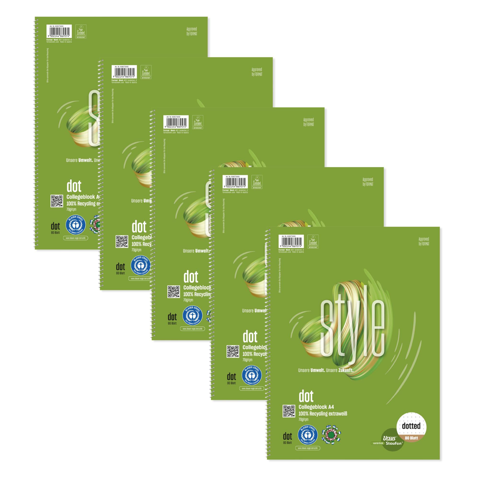 Staufen Ursus Style College Notepad, DIN A4, Dotted Lining, 80 Sheets, 4-Hole Punch, Premium White 70 g/m² Recycled Paper, Pack of 5, Green