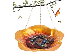 VACONICO Bee Feeder with Vivid Flower Design, Anti-Rust Iron Bee Watering Station for Feeding, Colorful Butterfly Bath Bowl Bee Cups with 30 Glass Marbles for Outdoor Yard Garden Decor Gifts -Golden Brown