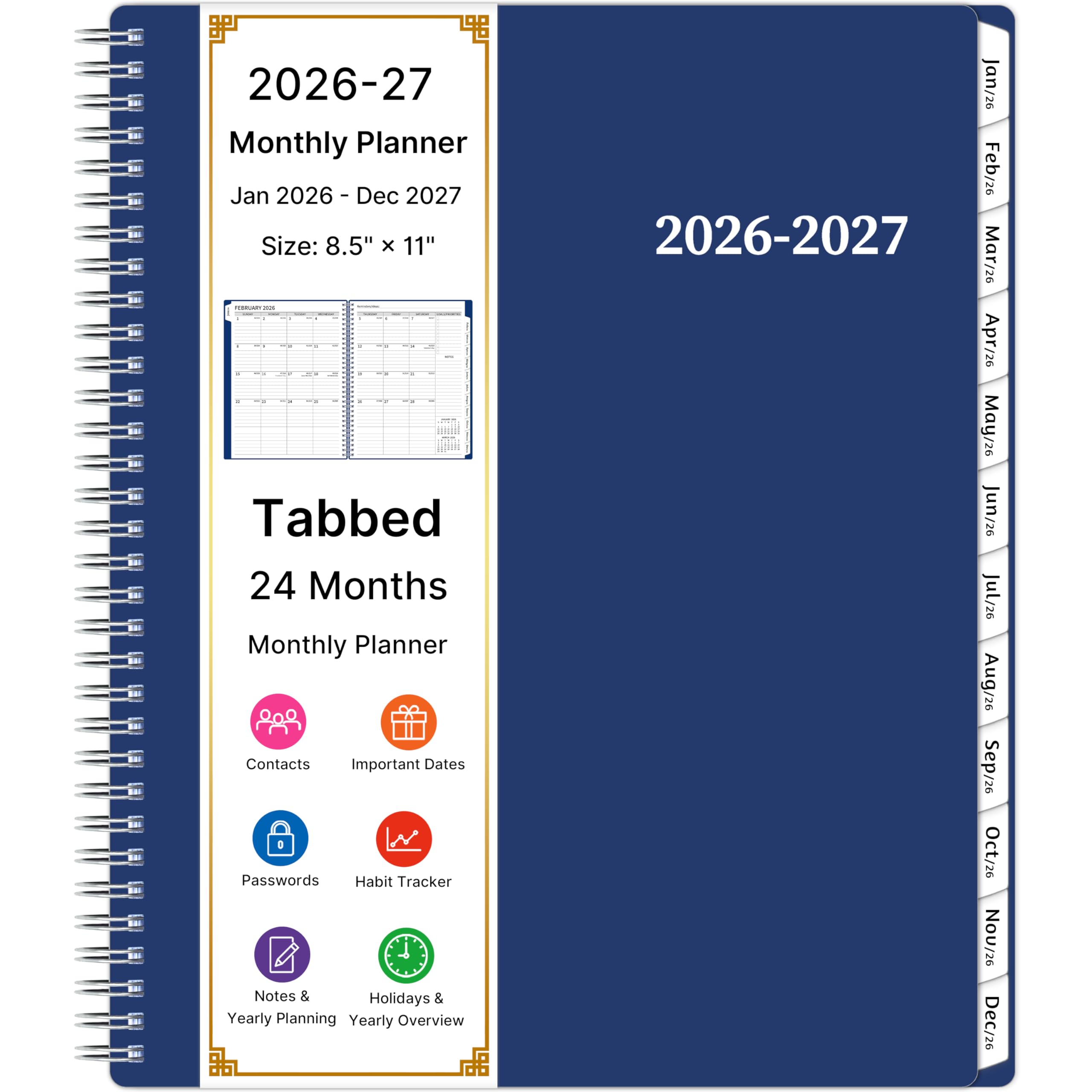 Photo 1 of 2026-2027 Monthly Planner, 2 Year Calendar Planner, Jan 2026 - Dec 2027, 8.5’’ x 11’’, Large Spiral Agenda, 24 Months, with Tabs ?Pocket, Flexible Cover, Organizer for Office Home School, Blue
