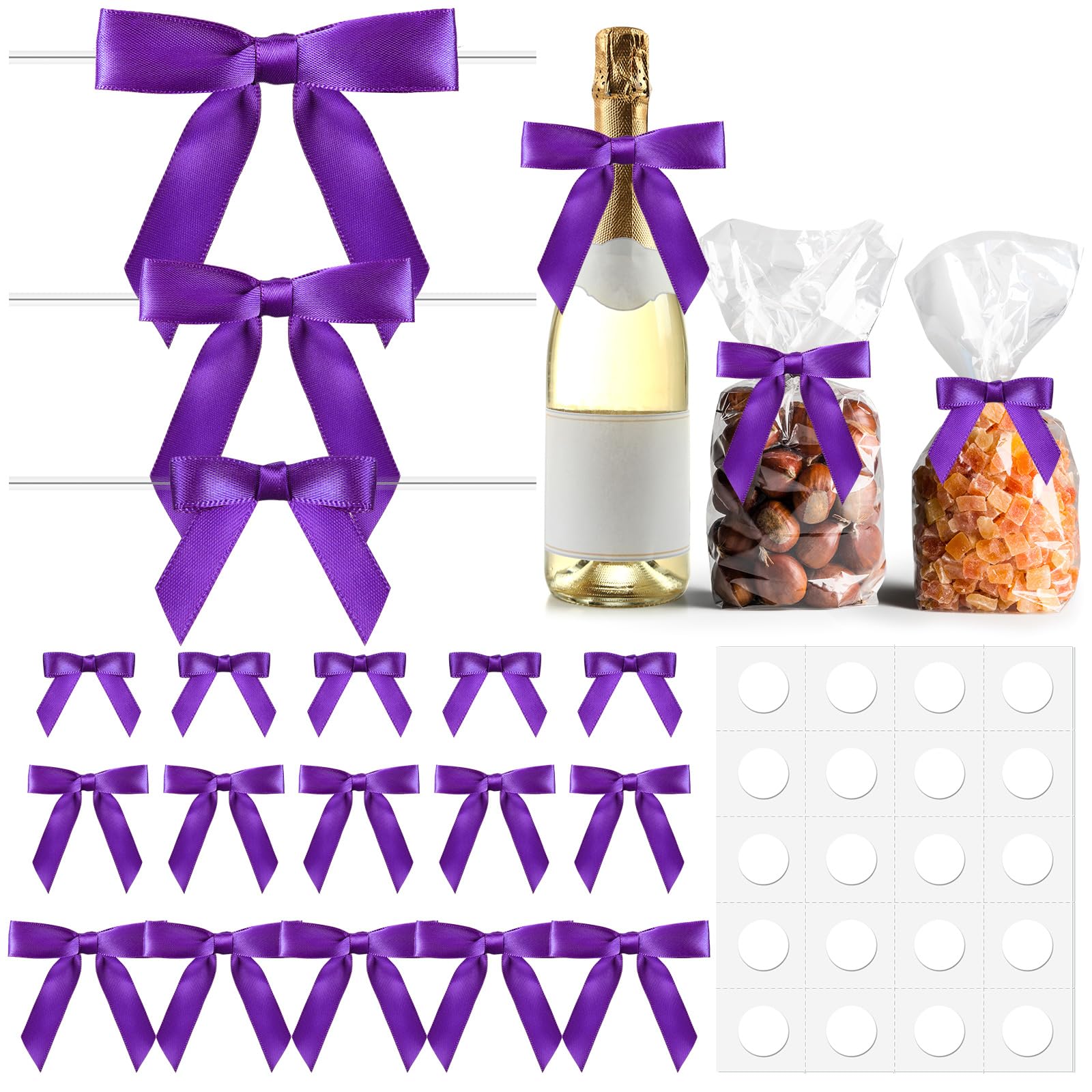 Photo 1 of Wavwavw 100 Pcs Twist Tie Bow for Treat Bags, Small Satin Ribbon Bow for Gift Wrapping Champagne Bottle Cake Craft DIY Gift Wedding Favors Baby Shower Christmas Decor 1. 5"/2. 5"/3. 5"(Purple)