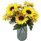 4 Bunches Artificial Flowers Sunflower Bouquets with Stems Silk Sunflowers Fake Yellow Flowers for Wedding Decor, DIY Garden Craft Art Decor, Party Decor, Home Decoration, Bride Holding Flowers