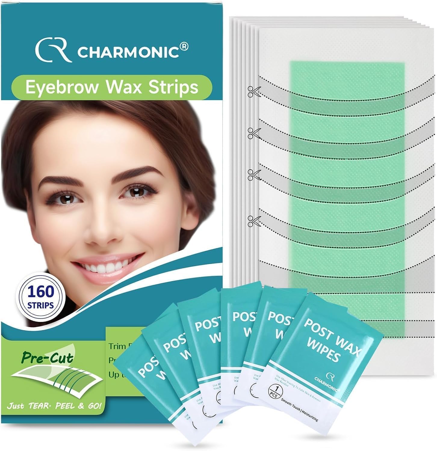 View 1 of 160 Pcs Eyebrow Wax Strips - Waxing Strips, Waxing Kit for Eyebrow Shaper and Upper Lip Cheek Face Hair Removal, Traveling and At Home Use, Contains 6 Pcs Post Wax Wipes, Long-lasting Smoothness