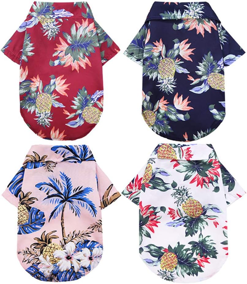 DaFuEn Dog Hawaiian Shirt 4Pcs- Teacup Dog Clothes for Small Dogs Girl Boy - Dog Shirts for Medium Dogs - Coconut Tree Hawaiian Dog Shirt - Puppy Dog T Shirt - Pet Dog Summer Clothes (Large)