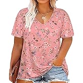 CARCOS Plus Size Tops for Women Short Sleeve Smocked V Neck Shirts Casual Summer Tunic Loose Fit Tshirts XL-5XL