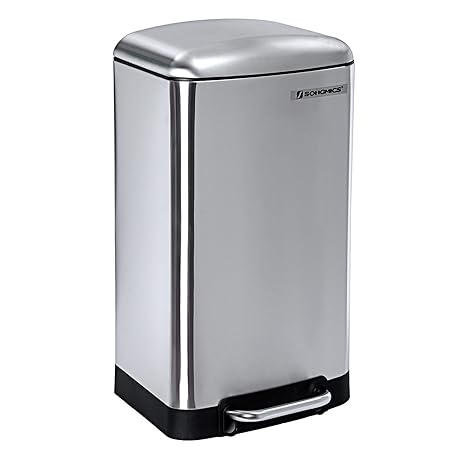 SONGMICS Mülleimer aus Edelstahl, 30 L Treteimer mit Deckel, 34,5 x 27,5 x 61,5 cm, Silber, LTB01L
