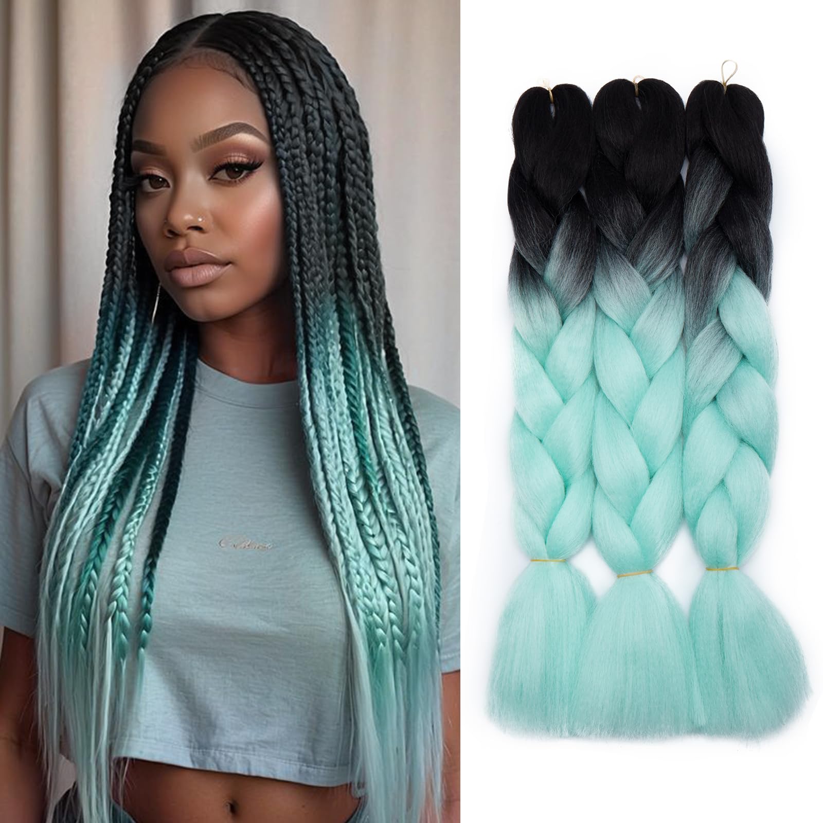 Silk-co 24" Wholesale 3 Pcs Ombre Crochet Jumbo Braid 300g Braiding Hair Extension Afro Braid Synthetic Hair [Black-Light Green] — image 1