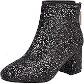 Elbslutt Women's Glitter Sparkly Booties Chunky Heels Ankle Boots Back Zipper Block Heeled Short Sequin Boots Wedding Bridal Party Dress Shoes
