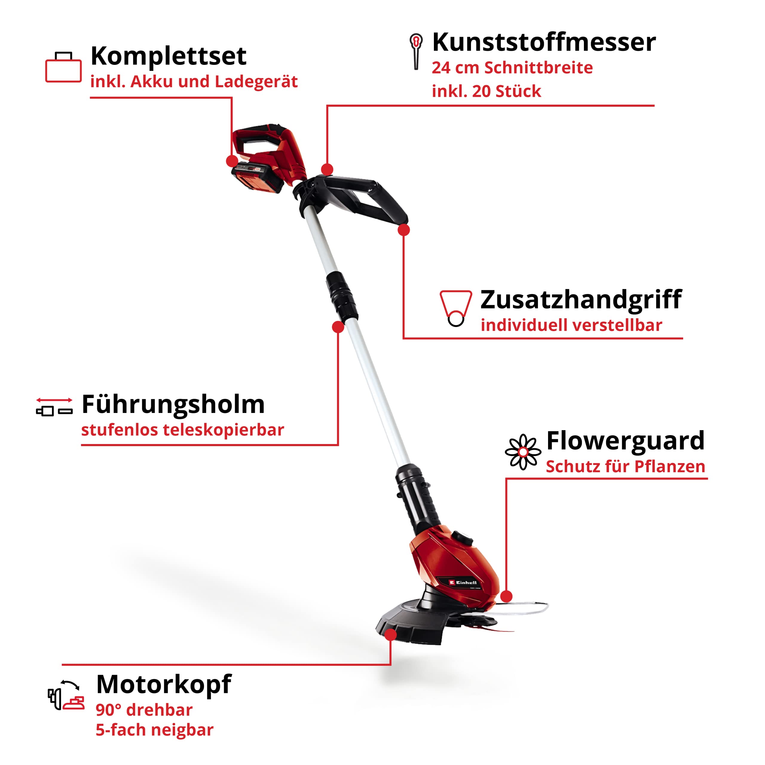 Einhell Akku-Rasentrimmer GE-CT 18 Li Kit Power X-Change (Li-Ion, 18V, Motorkopf drehbar, Flowerguard, inkl 20 Kunststoffmesser, inkl. 2,0Ah Akku und Ladegerät) 3