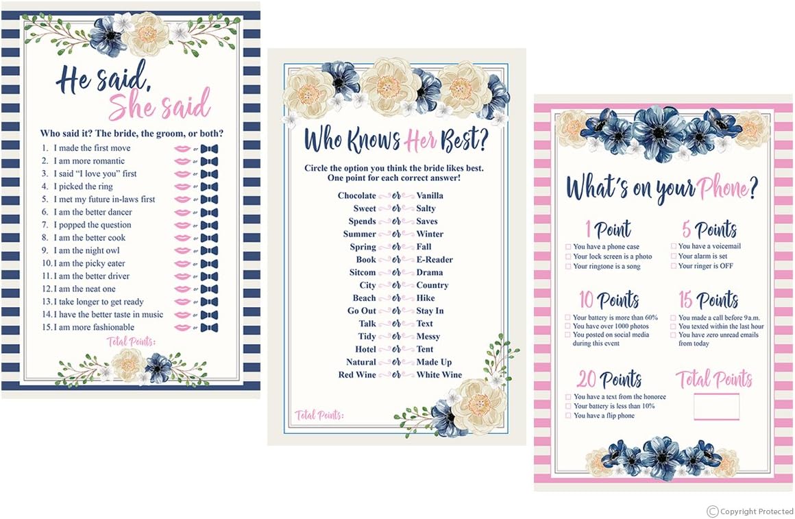 3 Bridal Shower Games Collection (50-Sheets of Each Game) - He Said She Said Game - How Well Do You Know The Bride Game - What's On Your Phone