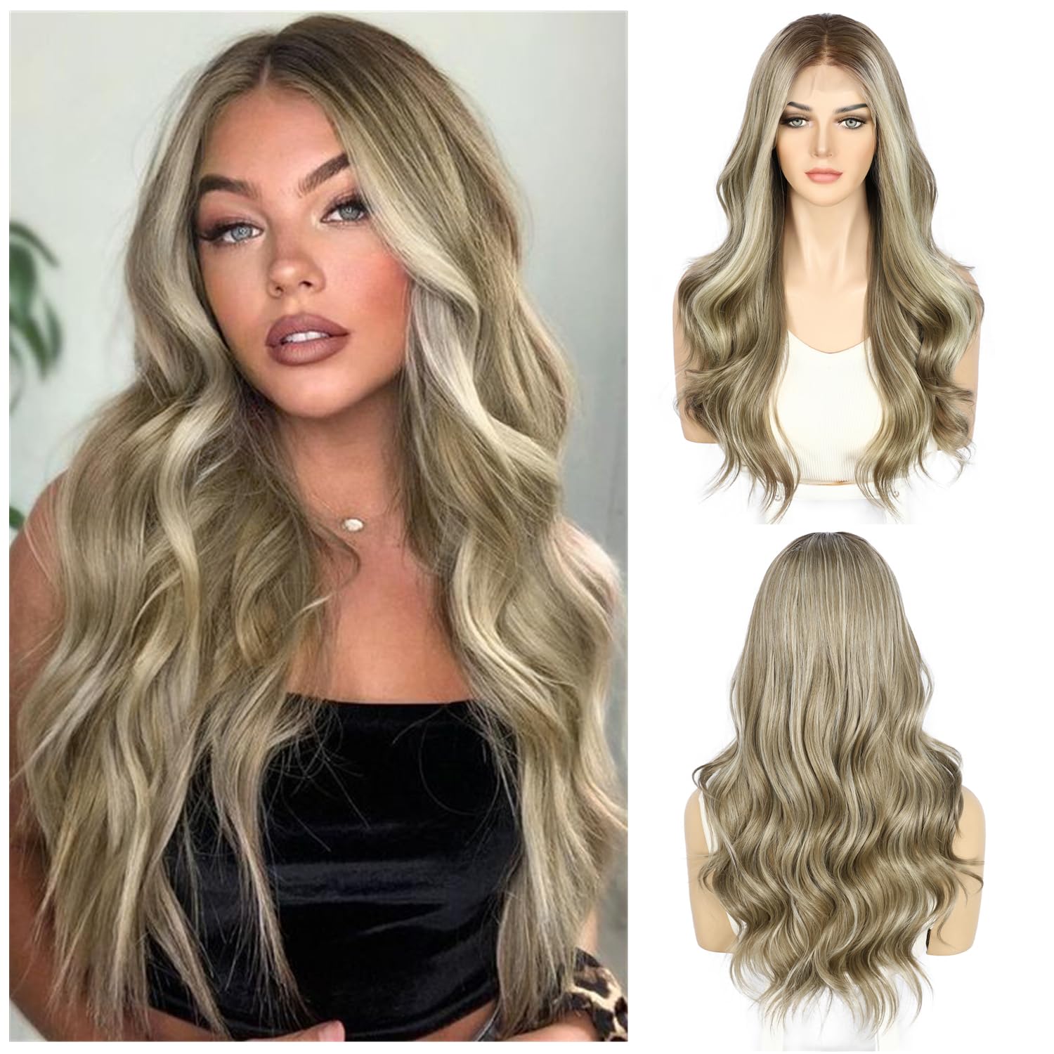 Sapphirewigs Lace Front Wig 13x4 Synthetic Wigs Body Wave Brown Highlight Lace Front Hair Pre-plucked Daily Wear Party Date Christmas 22 inch