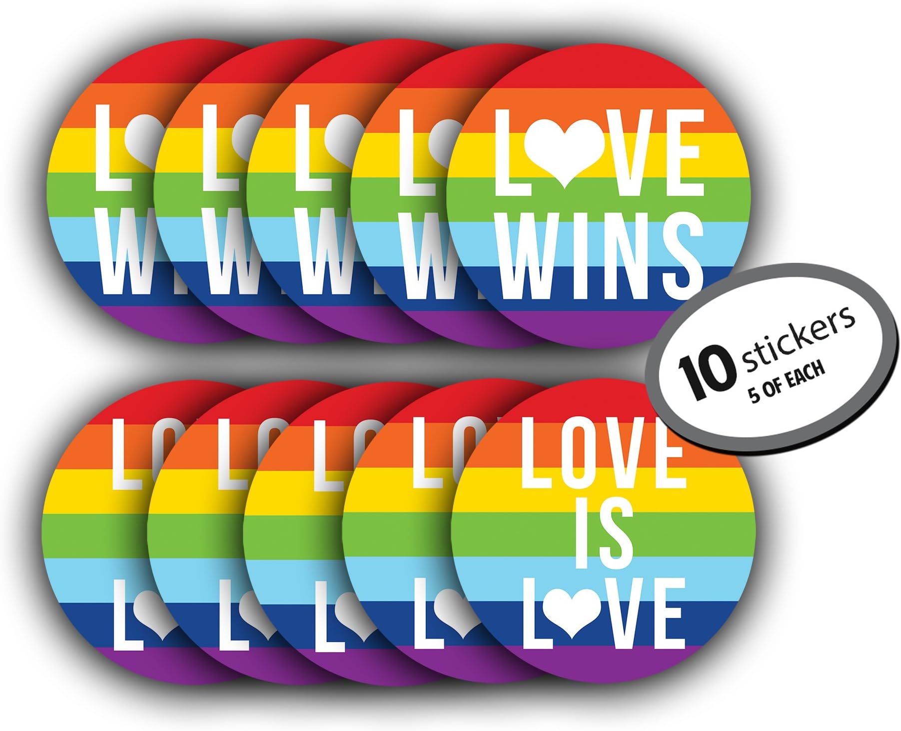Gay Lesbian Marriage Pride Sticker - 10 Pack (5 Love Wins & 5 Love is Love). Large 5 inches. Use on car Bumper, Computer, as Wall Decorations, or give as a Gift. Rainbow Flag for LGBT, LGBTQ Rights.