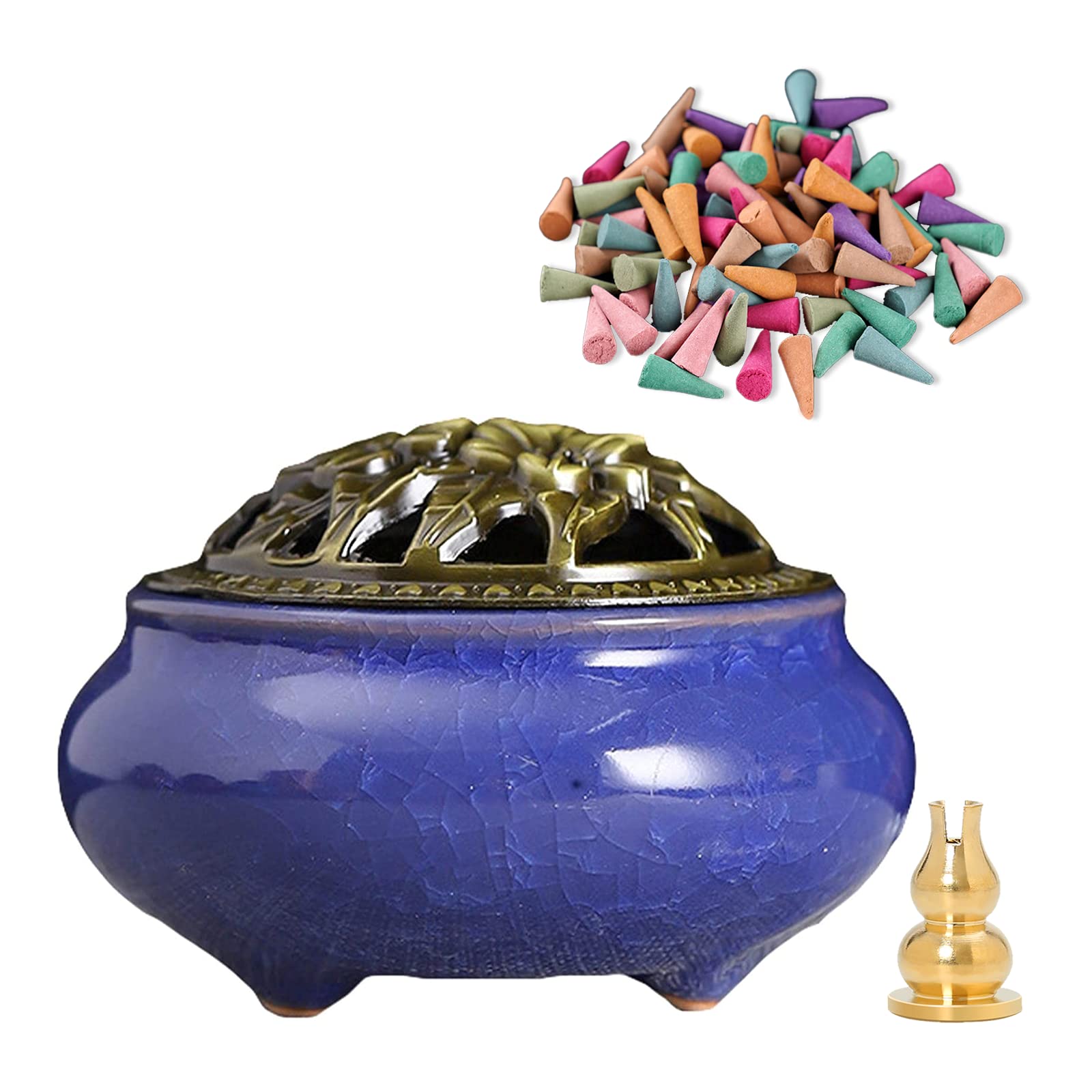 Ceramic Incense Burner， Cone Incense Holder, Ceramic Censer Suitable For Incense Cones/Coils/Sticks, There Are Metal Incense Holder+Fireproof Cotton Inside.